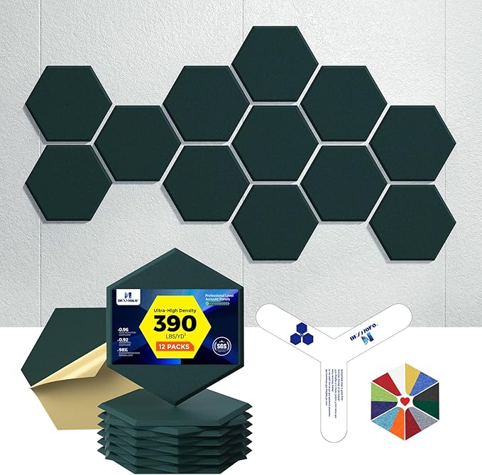 Self-Adhesive Acoustic Panels [390 lbs/yd³ Ultra-High Density], 2nd Generation Sound Absorbing Panel, Professional Level Sound Panel, Polyester Soundproof Foam [Size M, Dark Green]