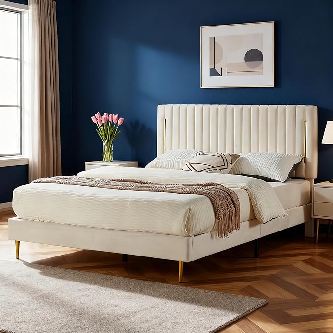 Full Platform Bed Frame, Velvet Upholstered Bedframe with Vertical Channel Adjustable Headboard, Golden Plating Trim, Mattress Foundation with Wooden Slats, No Box Spring Needed, Beige
