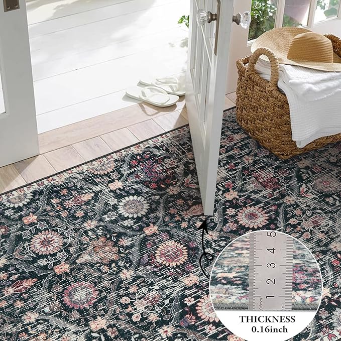 Lahome Moroccan Trellis Washable Round Area Rug, Soft Round Rugs 6ft Ultra-Thin Non-Slip, Vintage Large Circle Carpet for Bedroom Living Room Kitchen Nursery, Black/Multi