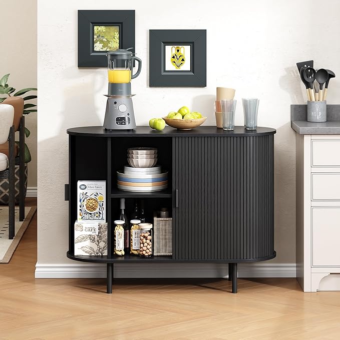 Buffet Cabinet with Storage, 40" Fluted Sideboard Buffet with Sliding Door, Coffee Bar Cabinet with Adjustable Shelf, Console Table, Accent Table for Entryway, Kitchen, Dining Room, Black