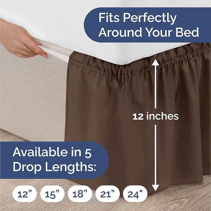 Wrap Around Dust Ruffle Bed Skirt - Brown - for Queen Size Beds with 12 Inch Drop - Easy Fit Elastic Strap - Adjustable Pleated Bedskirt w/Brushed Fabric - Wrinkle Free - for Women, Men, Kids & Teens