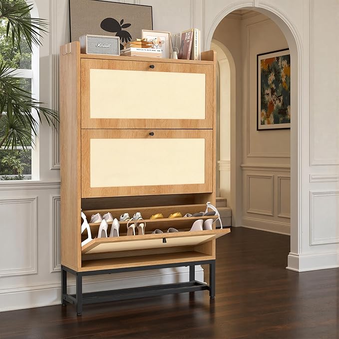 Slim Entryway Shoe Storage Cabinet with 3 Flip Drawers, Modern Freestanding Shoes Organizer Holds 16-20 Pairs, Closed Shoe Storage for Hallway, Foyer - Space-Saving Wood Shoe Cabinet
