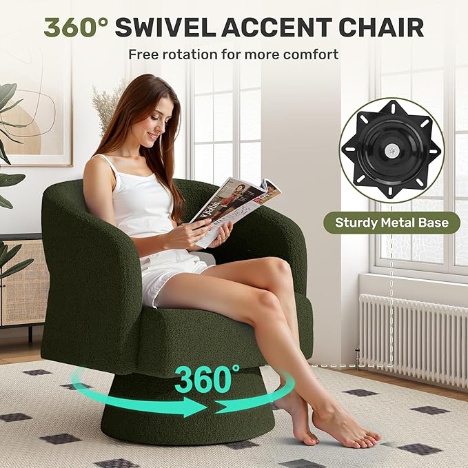 Swivel Accent Chair, Modern Comfy Teddy Barrel Chairs, Oversized Upholstered Round Arm Chair for Living Room, Bedroom, Reading Room, Green, 1 PCS