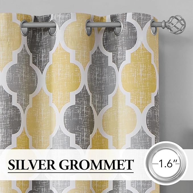 Beauoop 100% Blackout Curtains 84 Inches Long 2 Panels for Bedroom Living Room Yellow Grey Moroccan Geo Room Darkening Thermal Insulated Soundproof Grommet Top Window Treatments Drapes, 50x84 Set of 2