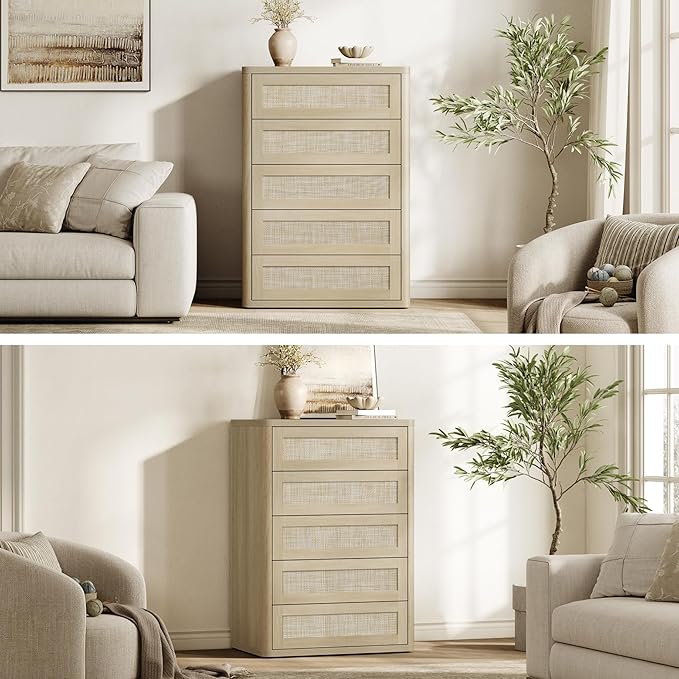 SICOTAS Tall Dresser for Bedroom - Rattan 5 Drawer Dressers Chest of Drawers with Push-to-Open Design, Boho Extra Deep Clothes Dresser with Large Storage for Closet, Living Room, Sand Oak, 2PCS