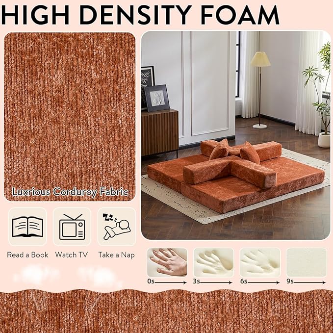 4-in-1 Convertible Folding Sleeper Sofa Bed, Fold Out Floor Sofa Couch with Fixed-Shape Frame, Cloud Corduroy Foldable Mattress Couch for Living Room Bedroom (78.5" Chenille, Orange)