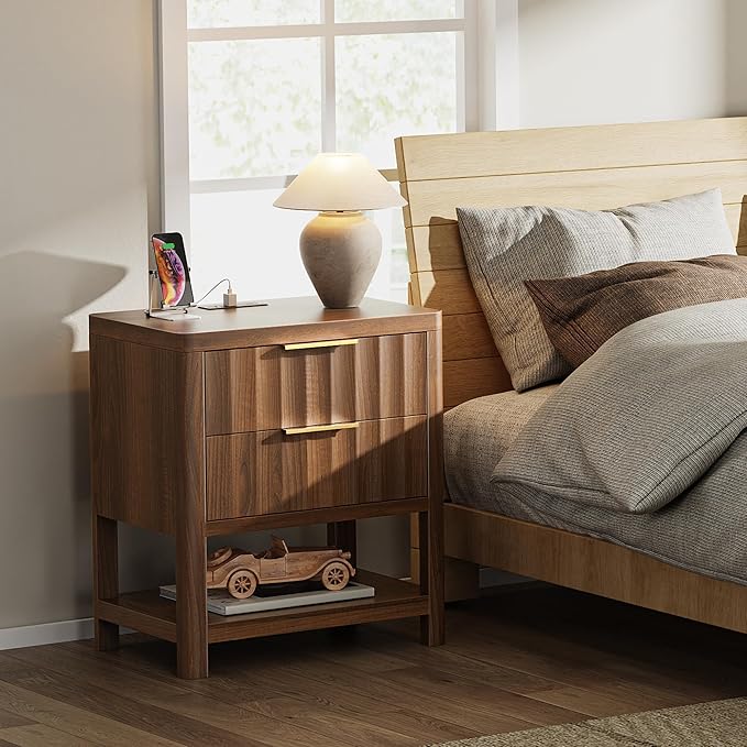 Huuger 27.6 Inch Tall Night Stand with Charger Station, USB-C Port, Fluted Nightstand with 2 Deep Drawers, Larger Wider Bed Side Table with Open Shelf, Bedroom Living Room End Table, Walnut