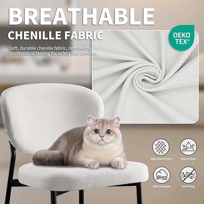 Upholstered Dining Room Chairs Set of 6 Modern Chenille Diner Chairs with 58D Memory Foam Thick Cushion Comfy Armless Kitchen Chair with Sturdy Metal Legs for Dining Table/Vanity White