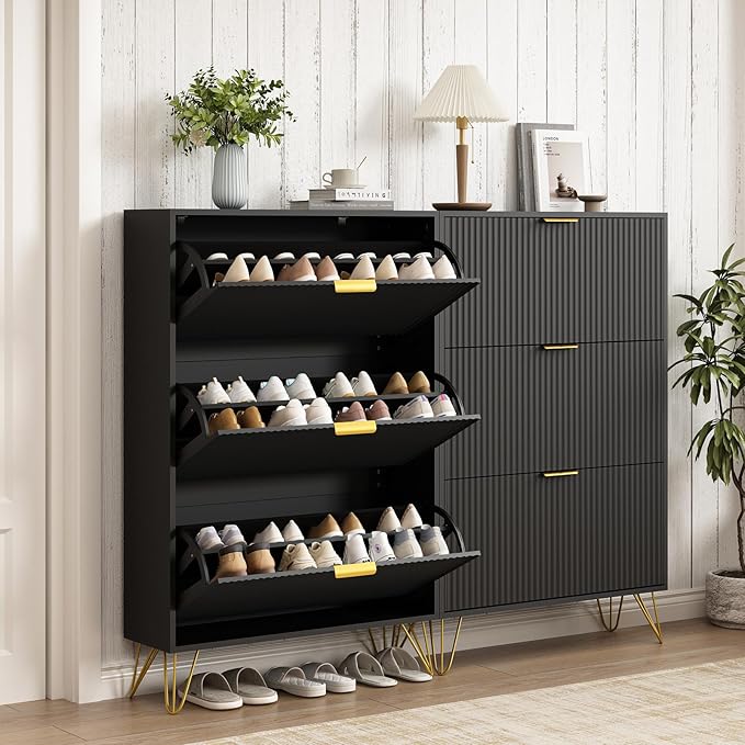 Shoe Cabinet with 3 Flip Drawers Narrow, Fluted Black Shoe Cabinet Storage for Entryway Slim, Hidden Shoe Storage Cabinet, Modern Freestanding Shoe Rack Organizer for Entryway, Black
