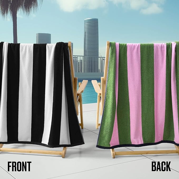 Juicy Couture Black/White Green/Pink Reversible Cabana 36" x 72" 100% Cotton Oversized Beach Towel - Soft, Absorbent, and Quick-Drying, Perfect for Beach, Pool, or Travel