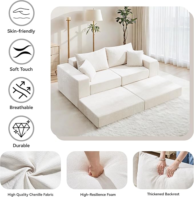 Boneless Sectional Loveseat Couch with Ottoman, Convertible Modular Floor Sleeper Sofa Bed, Comfy Foldable Compression Love Seat Sofa for Living Room, No Assembly, Beige