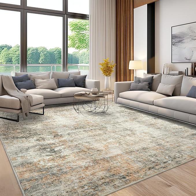 6x9 Abstract Area Rugs for Living Room 6 x 9 Washable Non Slip Low Pile Rugs for Bedroom Dining Room Foldable Thin Brown Grey