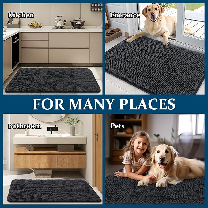 OLANLY Dog Door Mat for Muddy Paws 70x46, Absorbs Moisture and Dirt, Absorbent Non-Slip Washable Doormat, Quick Dry Chenille Mud Mat for Dogs, Entry Indoor Entryway Carpet for Inside Floor, Dark Grey