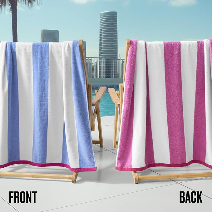 Juicy Couture Blue/White Hot Pink/White Reversible Cabana 36" x 72" 100% Cotton Oversized Beach Towel - Soft, Absorbent, and Quick-Drying, Perfect for Beach, Pool, or Travel