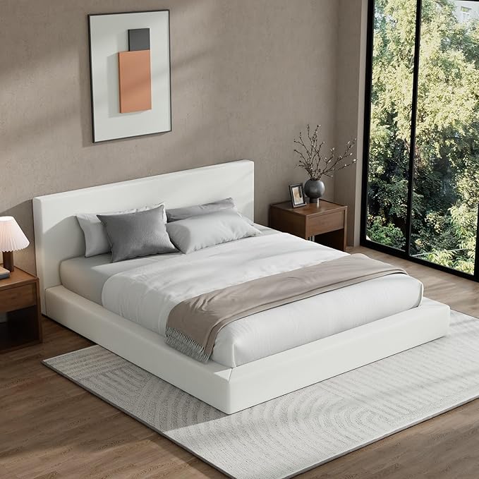 RECCI Cloud Upholstered King Bed Frame with Headboard, 5 Inch Foam Padded Platform, No Box Spring, Easy Assembly (Snow White)