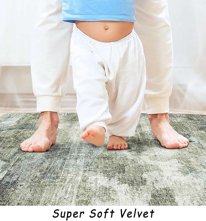 5x7 Area Rugs - Ultra-Thin Washable Rug with Non-Slip Backing, Ideal for Living Room, Bedroom, Kitchen Floor Carpet - Modern Abstract Style, Easy Clean, Durable, Low Pile Green