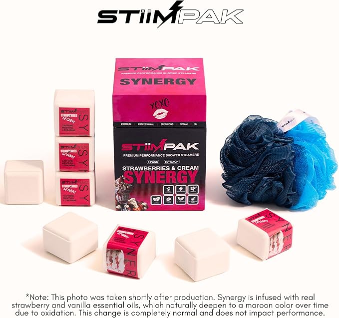 Shower Steamers | Stocking Stuffers | SYNERGY | XXL 80g | Intimacy & Self Care Aromatherapy | Caffeine, L-Theanine & Menthol | Christmas Gift for Women | Strawberry Vanilla | STiiMPAK (8 Pak + Loofah)