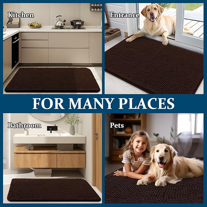 OLANLY Dog Door Mat for Muddy Paws 24x16, Absorbs Moisture and Dirt, Absorbent Non-Slip Washable Doormat, Quick Dry Chenille Mud Mat for Dogs, Entry Indoor Entryway Carpet for Inside Floor, Brown