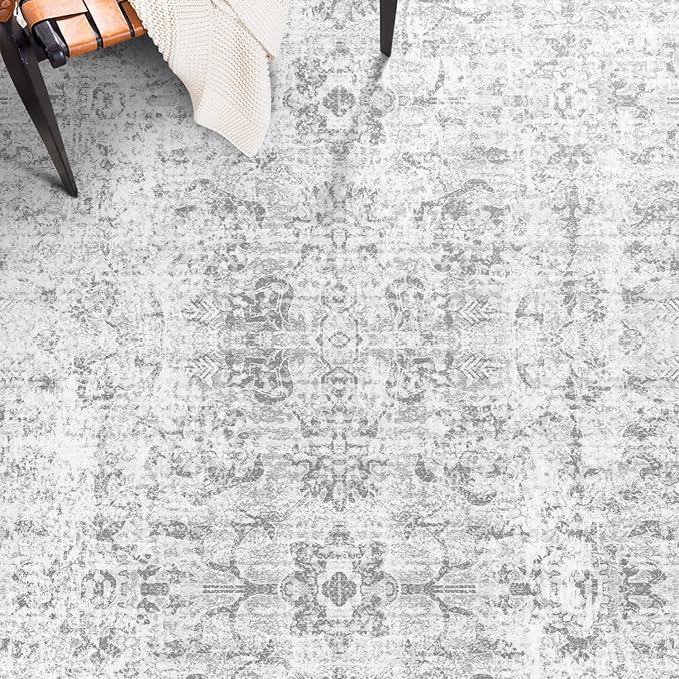 vivorug 9x12 Area Rugs for Living Room, Non Slip Machine Washable Vintage Rug, Ultra-Thin Lightweight Large Area Rug for Bedroom, Dining Room, Low Pile Grey
