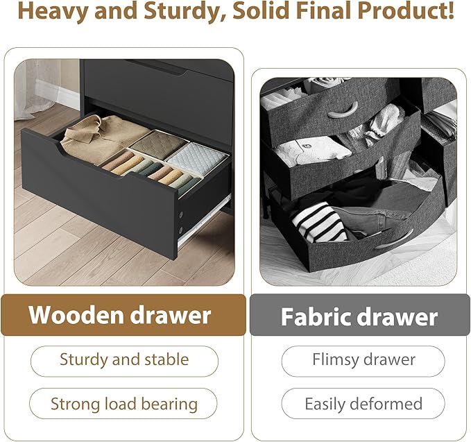 GarveeHome 6 Dresser for Bedroom, 47.2 in Wide Dresser, Freestanding Vertical Drawer Cabinet with Storage, Wooden Closet Storage Chest for Living Room, Hallway, Entryway, Black