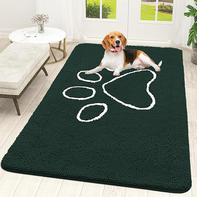 OLANLY Dog Door Mat for Muddy Paws 70x46, Paw Print Design, Absorbs Moisture and Dirt, Absorbent Non-Slip Washable Doormat, Quick Dry Chenille Mud Mat, Entry Indoor Entryway Carpet, Blackish Green