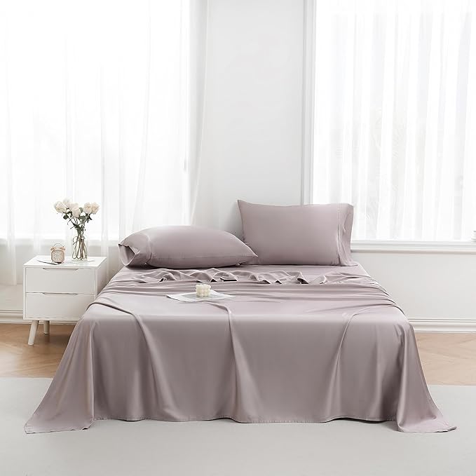 Linen World King Size 400TC Cooling Bed Sheet Set - 100% Organically Grown Viscose Sheets, Silky Soft & Breathable, Deep Pocket Fits Up to 16", 4-Piece Sheets with Pillowcases, Mauve
