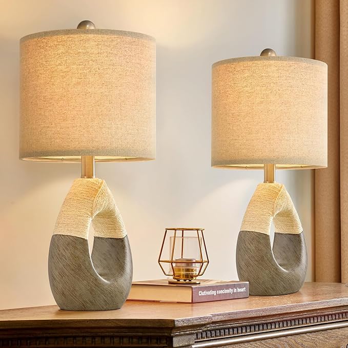 OYEARS 19” Boho Table Lamps Bedroom Living Room Set 2,Suitable for Small Space,Small Farmhouse RattanTable Lamp Rustic Egg Design Resin Light Decoration,Nightstand Bedside Lamps for Office Study Rest