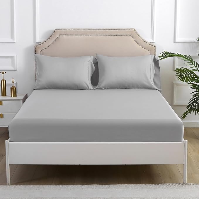 Linen World Lyocell Cooling Bed Sheets Set Queen Size,100% Organically Grown Viscose Sheets,Deep Pocket Up to 16",4 Pieces Silky Soft,Breathable Bedding Sheets & Pillowcases(Light Gray,Queen)