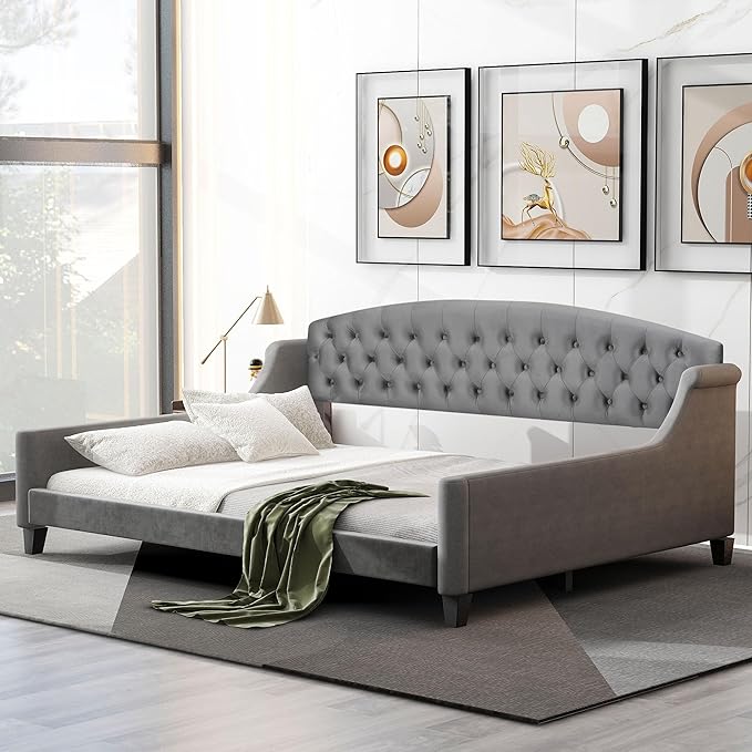 Favfurish Full Size Modern Luxury Tufted Button Daybed, Stylish Wood Upholstered Day Bed,No Box Spring Required, Easy Assembly,for Bedroom,Living Room and Guest Room,Den,Office,Gray