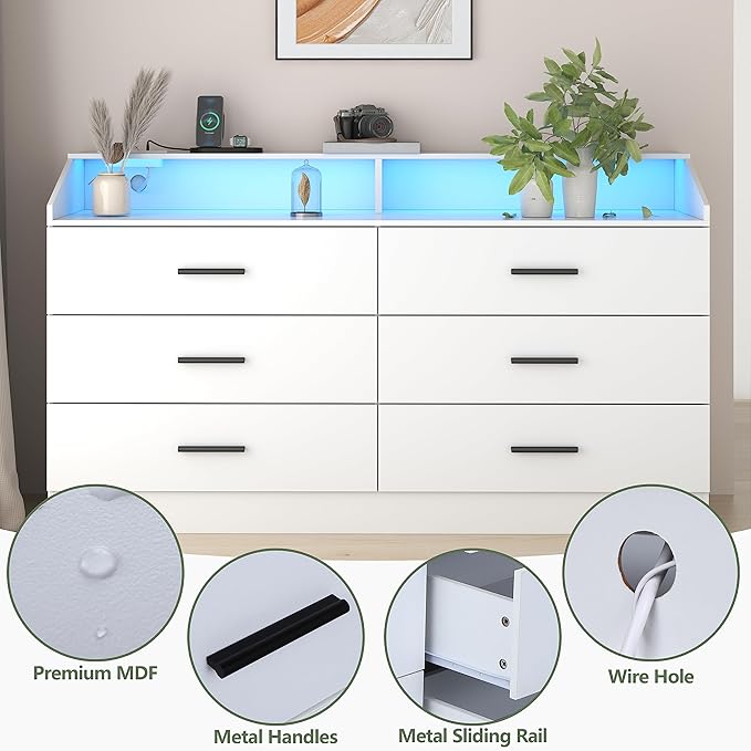 6 Drawer Dresser with Power Outlet, Chest of Drawers with LED Light, Modern Dresser with Open Storage Cubby, Double Wide Dressers Organizer for Bedroom, Living Room, Entryway, Hallway