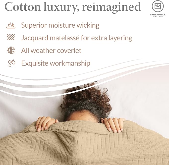 Threadmill Luxury Cotton Blankets for Queen Size Bed | All-Season 100% Cotton Queen Size Blanket | Aster Jacquard Cozy Lightweight, Soft Breathable Coverlet fits Full Size Bed, 90x92 | Beige