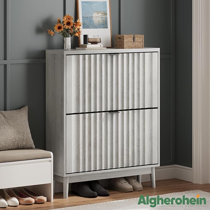 Shoe Storage Cabinet with 2 Flip Drawers, Walnut Fluted Narrow for Entryway, Slim Shoe Rack Cabinet Organizer 31.5in (Gray)