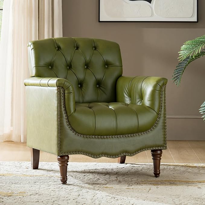 HULALA HOME Mid Century Modern Leather Club Chairs, Top-Grain Genuine Leather Armchairs with Button-Tufted Back & Solid Wood Legs, Accent Chairs for Living Room/Bedroom/Home Office, Olive