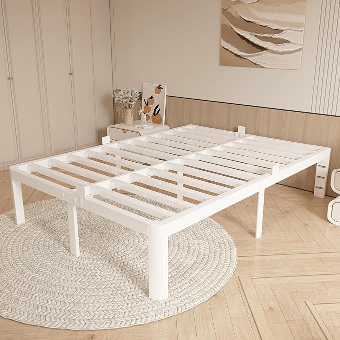 16 Inch Bed Frame King Size with Metal Gaskets, Anti-Slip Mattress Stopper, No Box Spring Needed, Heavy Duty Steel Support 3500 LBS, DIY Headboard, Round Corner Leg, Easy Assembly, White
