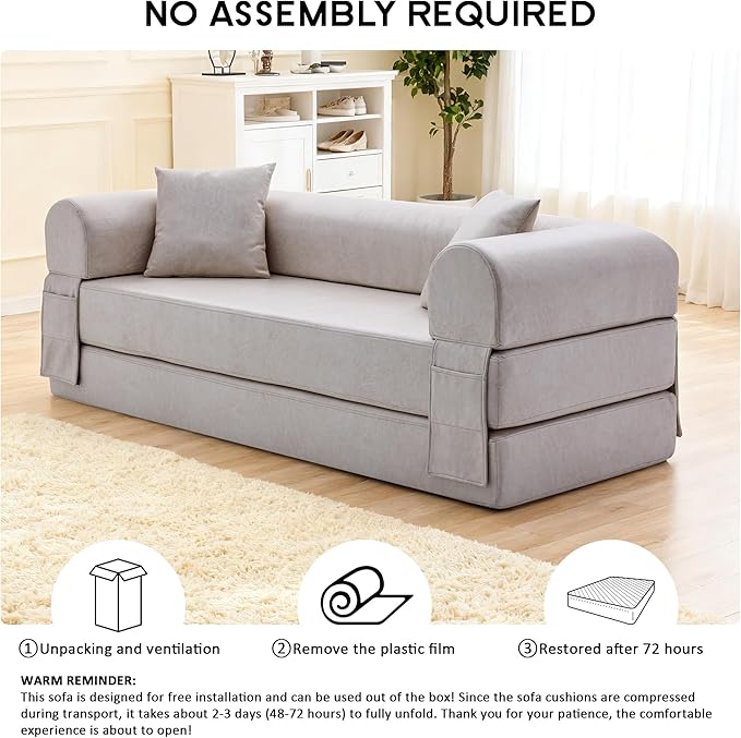 78.5" Convertible Sleeper Sofa Bed, Faux Leather Deep Seat Folding Floor Sofa with Pullout Bed & 2 Pillows, No Assembly Modern Boneless Couch Compression Sofa in Box for Living Room, Office, Beige