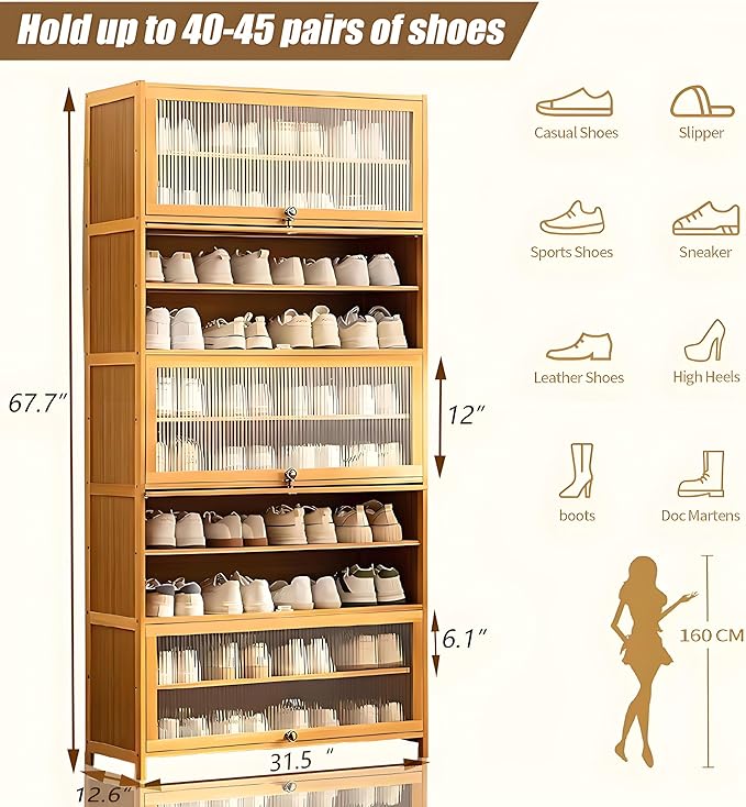Tall Shoe Cabinet with Acrylic Doors, 10-Tier Large Capacity Bamboo Shoe Cabinet, 40-45 Pairs Freestanding Shoe Rack & Shoe Organizer for Closet Entrance, Hallway, Living Room, Bedroom