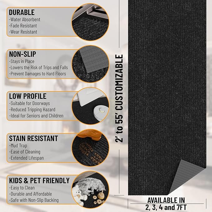Ottomanson 3'11" x 15' Hallway Runner with Scraper Pile - Extra Durable Non-Slip Rug Mat for Indoor & Outdoor Use - Ideal for Kitchen, Entryway & Garage - High-Traffic Carpet, Black