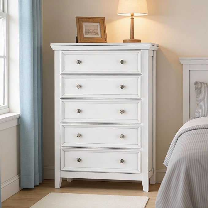 White Dresser for Bedroom,5 Chest of Drawers Dresser,Tall Nightstand Modern Clothes Organizer Cabinet Dressers for Bedroom,Closets,Hallway
