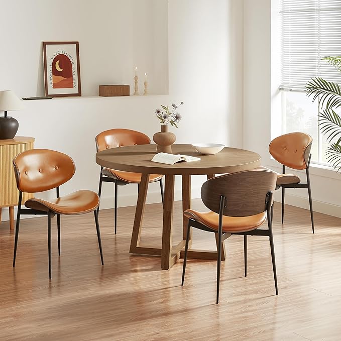 Art Leon Faux Leather Dining Chairs Set of 4, Gray Oak Bentwood, Mid Century Modern Desk Chairs with Metal Legs, Armless Accent Chairs for Living Room Bedroom, Brown
