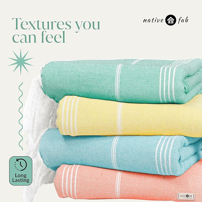 Native Fab Turkish Towels Set of 4, Large 40x71 Inches, Soft, Fast Drying, Lightweight, Absorbent, 100% Cotton Towel for Beach, Bath, Spa, Travel Use - Light Orange, Lemon Yellow, Aqua Blue, Green