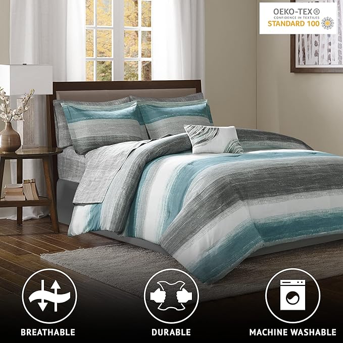 Madison Park Essentials Twin Comforter Set, Bed in a Bag Twin, Watercolor Print Coastal Comforter & Chambray Cotton Sheet Set, All Season Bedding Set, Saben, Aqua Twin (68 in x 86 in) 7 Piece