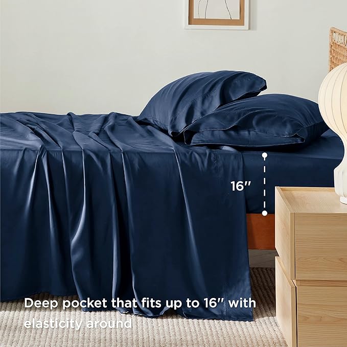 Bedsure Queen Sheet Set, Rayon Derived from Bamboo, Cooling Sheets, Breathable & Soft, Deep Pocket Up to 16 Inches, Hotel Luxury Silky Bedding for Hot Sleepers, Navy