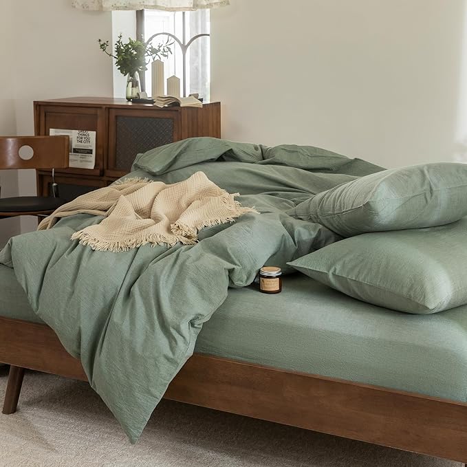 FOSSA Duvet Cover Set 100% Washed Cotton Linen Feel Super Soft Breathable Cozy Simple Style 3 Pieces Bedding Sets Solid Heathered Green Oversized King Plus