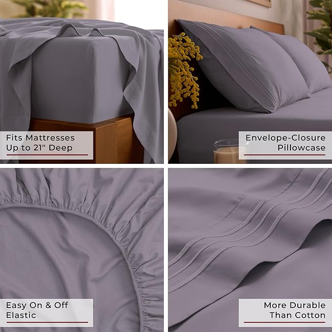 Mellanni California King Sheet Set - 6-Piece Iconic Collection Bedding, (Including 4 Pillowcases), 21-Inch Extra Deep Pocket, Easy Care, Ultra Soft, Cooling Sheets, Brushed Microfiber - Hazy Lilac