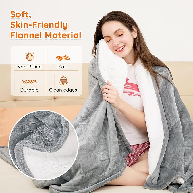Mia&Coco Electric Blanket Twin - 62"x84" Flannel Heated Blanket,10 Heat Levels, 10-Hour Auto-Off, Fast Heating, Overheat Protection, Machine Washable, Soft Heating Blanket for Home and Office (Gray)