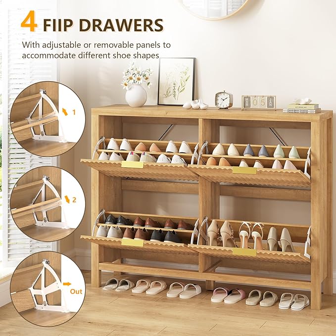Shoe Cabinet Storage for Entryway, Fluted Shoe Cabinet with 4 Flip Drawers, Hidden Shoe Rack Freestanding Wooden Shoe Organizer with Legs for Hallway, Oak
