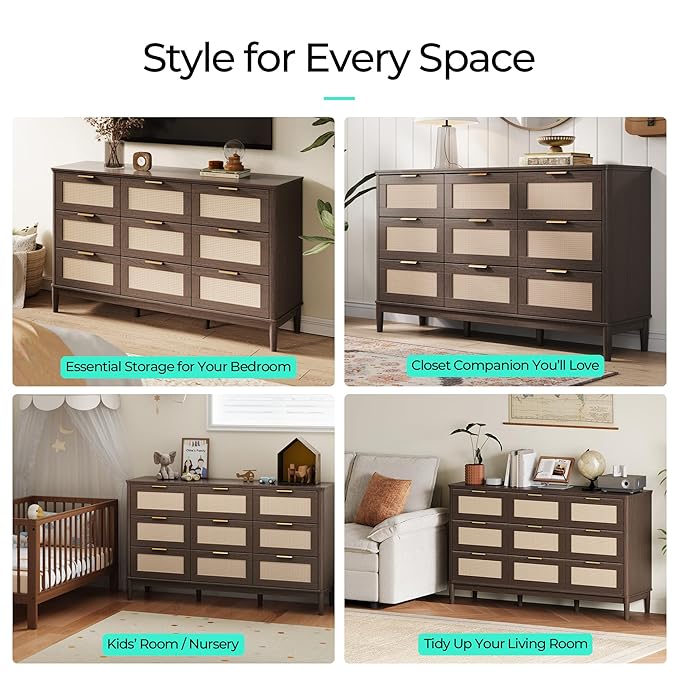 LINSY HOME Rattan Dresser for Bedroom with 9 Drawers, 58" Wide Chest of Drawers, Mid Century Modern Dresser TV Stand with Metal Handle, Wood Closet Storage Cabinet for Living Room, Hallway, Walnut