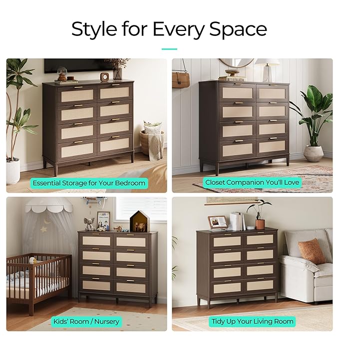 LINSY HOME Rattan Dresser for Bedroom with 8 Drawers, 54" Wide Chest of Drawers, Mid Century Modern Dresser TV Stand with Metal Handle, Wood Closet Storage Cabinet for Living Room, Hallway, Walnut