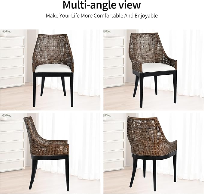 DUHOME Natural Cane Mesh Rattan Accent Chair, Tropical Coastal Woven Back Armchair with Beige Fabric Cushion & Black Tapered Wood Legs, Ergonomic Comfort for Living Room Dining Room Bedroom