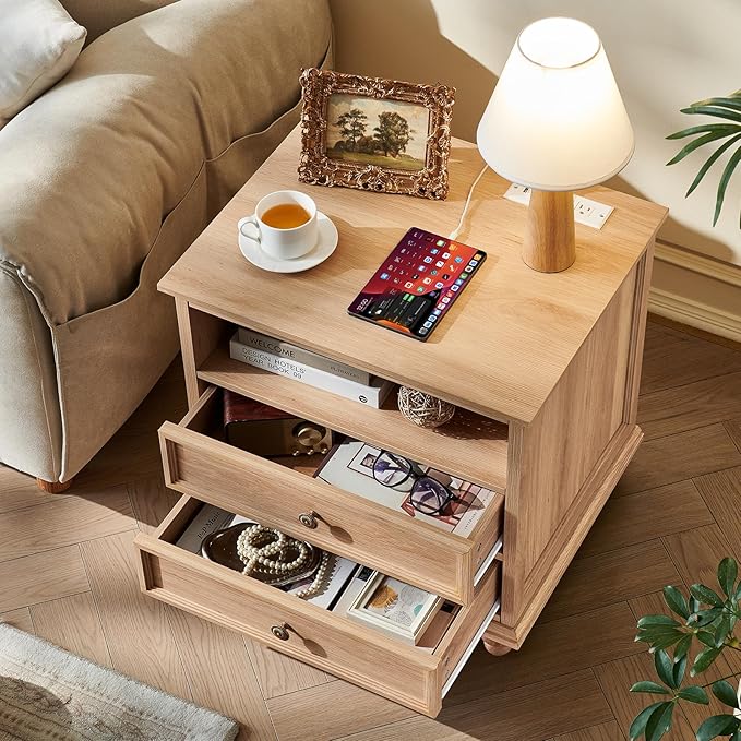 24" Wide Farmhouse Nightstand Set of 2 with Charging Station,End Table with 2 Drawers,Natural Wood Dresser for Bedroom Cabinet, Bed Side Table Chest of Drawers, Night Stand for Living Room